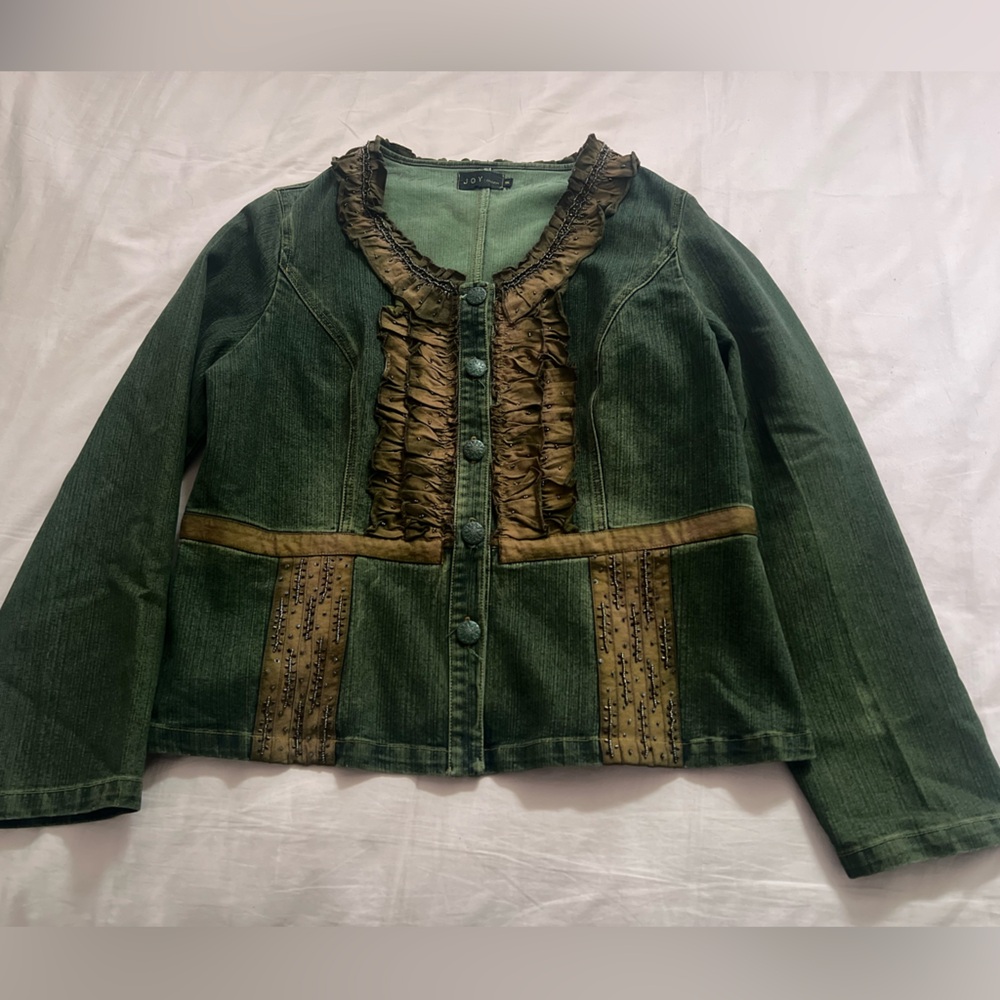 Euro Beaded Ruffle Green and Brown Jean Jacket